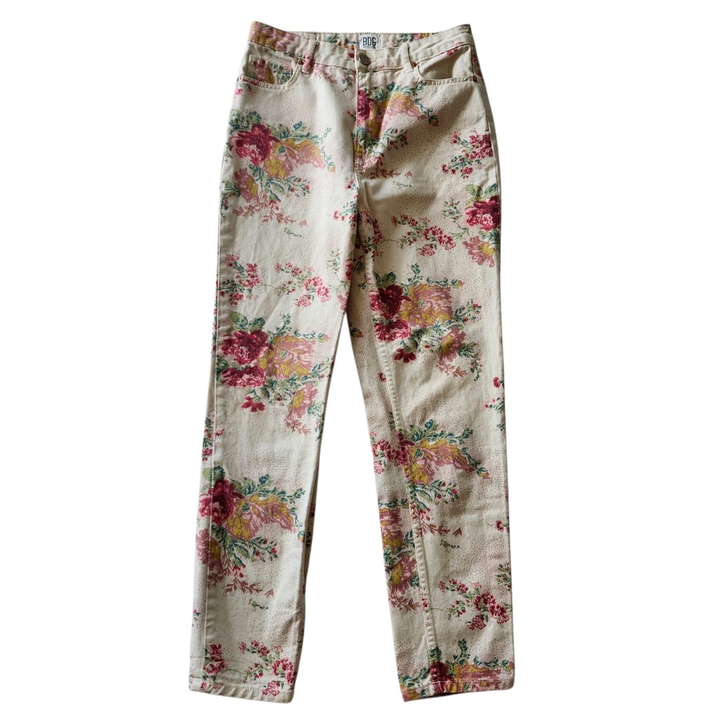 BDG Urban Outfitters Floral Mom Jeans Cream Pink Rose High Rise Taper sz 28 - Picture 2 of 8